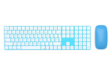 Modern blue aluminum computer keyboard and mouse isolated on white background.