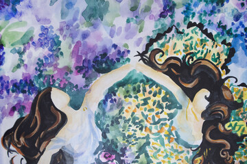 Couple women dancing with long flowing hair. Blooming lilac in springtime morning garden. Figurative painting. Freedom and womanhood concept.