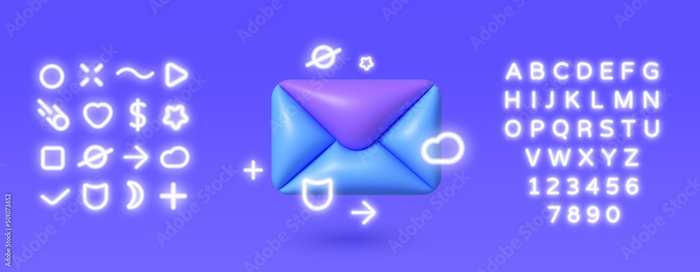 Aufkleber email 3d neon in 3d style on blue background. 3d render illustration. isolated vector illustration. 