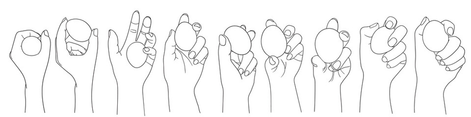 Hand holding a chicken egg, different poses, line art, vector