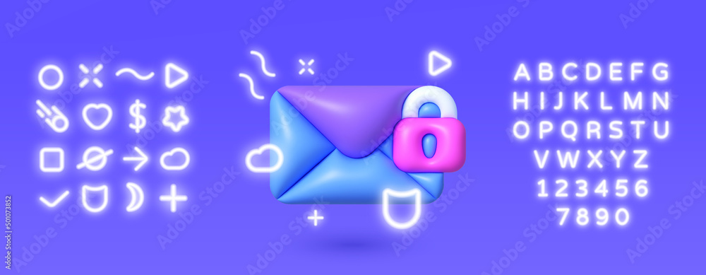 Aufkleber 3d icon neon with mail secure for web design. data protection. web banner. 3d vector icon illustrati