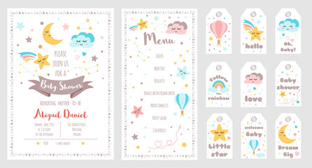 Fototapeta na wymiar Baby Shower invite cards set. Nursery templates banners Menu, Thank You Moon Star rainbow Vector illustration