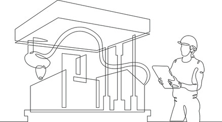 One continuous line.Construction 3D printer. The press of ready houses. Building houses with 3D printing. Engineer, builder manages the construction of the building.One continuous line drawn isolated,