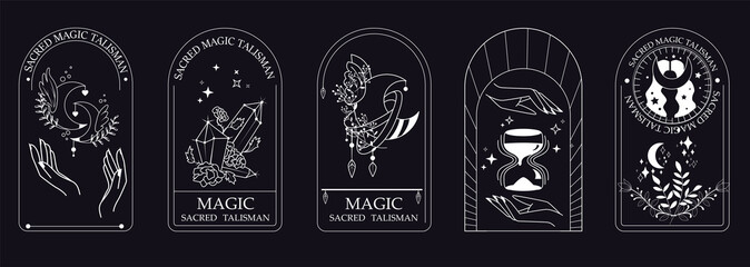 Boho frames set in trendy minimal liner style. Magic hands, moon, crystals, clocks, flowers. Collection of space and mysterious illustrations for stories templates. Minimalistic objects. Vector © ZinetroN
