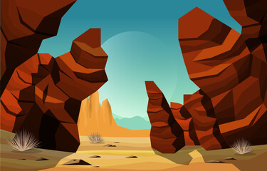 Fototapeta na wymiar Sunset in Western American Rock Cliff Vast Desert Landscape Illustration