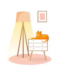 Cute ginger cat sits on a chest of drawers under a lamp. Living room interior with animal. Vector illustration of a room without people.