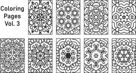 Set of 9 Mandala Coloring Book Pages Bundle, Black and white mandala coloring pages set