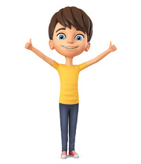 Cheerful boy character in yellow t-shirt shows two thumbs up on white background. 3d render illustration.