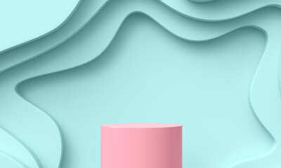 Paper cut banners. Pink cylinder stand on a blue background. Illustration for advertising. 3d render.