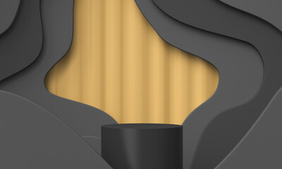 Black cylinder stand on a gray background. Illustration for advertising. 3d render.