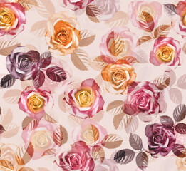 Abstract fashion digital pattern photo print pink rose flowers - bright floral ornament on beige background.