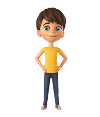 Cheerful boy character in a yellow t-shirt on a white background. 3d render illustration.