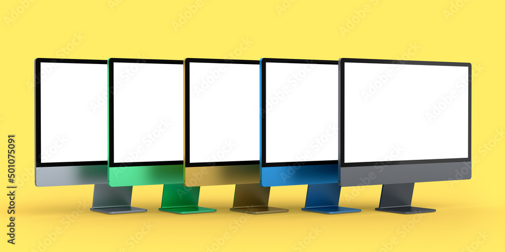 Aufkleber set of desktop computers with blank screen display isolated on yellow background