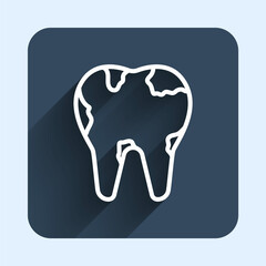 White line Broken tooth icon isolated with long shadow background. Dental problem icon. Dental care symbol. Blue square button. Vector