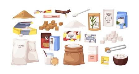 Sugar packs set. Granulated, powder, cubes, sanding sweet sucrose in different packages, bag, stick, spoon, sack, box, bowl and sachet. Flat cartoon vector illustrations isolated on white background - obrazy, fototapety, plakaty