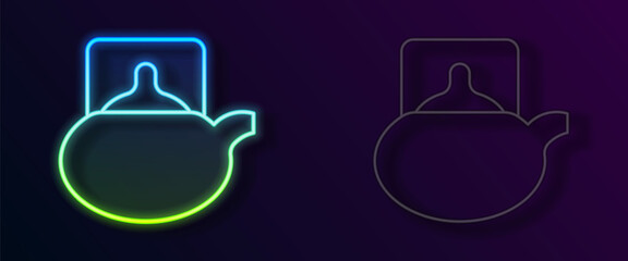 Glowing neon line Traditional tea ceremony icon isolated on black background. Teapot with cup. Vector