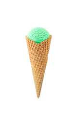 Green matcha ice cream in waffle cone isolated on white.