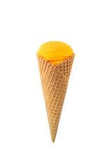 Orange ice cream in a waffle cone isolated on white.