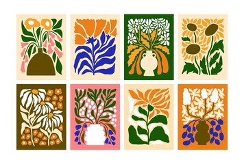 Abstract flower posters set. Trendy botanical wall arts with wild floral plants, leaf in hippie style. Modern naive groovy funky interior decorations, paintings. Colorful flat vector illustrations - obrazy, fototapety, plakaty