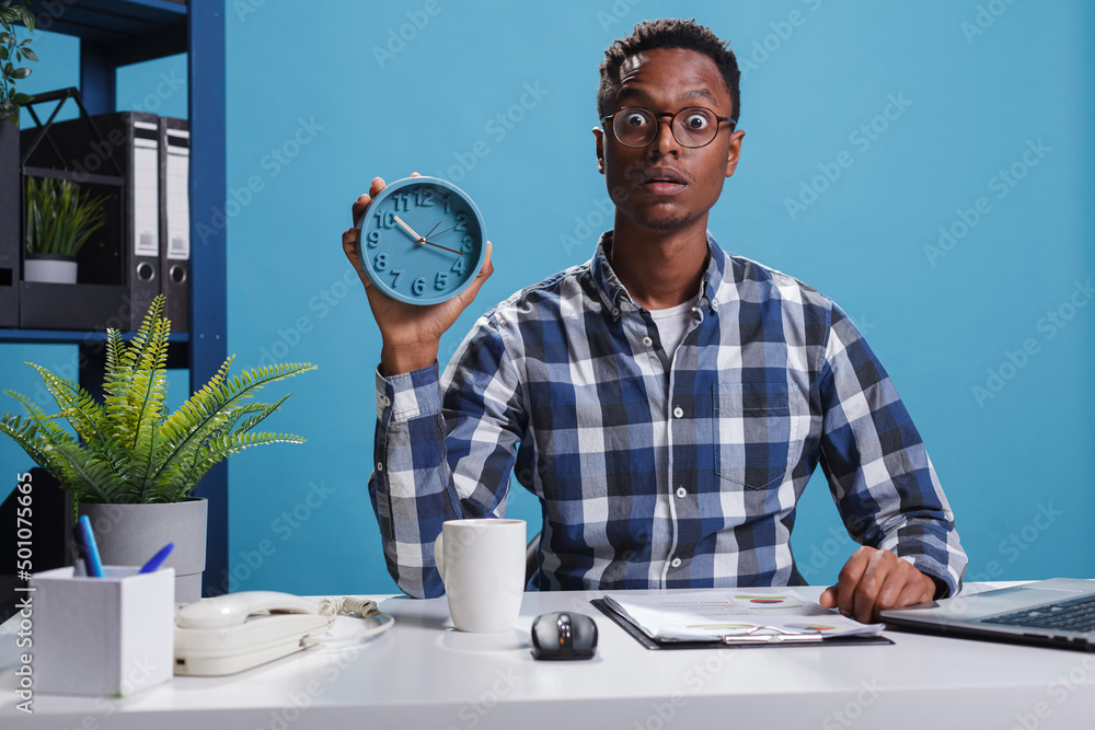 Poster shocked team leader nagging coworker for being late again while showing hour on clock. agency busine