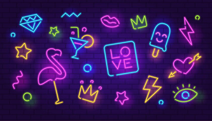 Fashion neon sign set on purple wall background. Neon night sign, a glowing light banner, logo, emblem for club or bar. Editable neon icons set of Pink Flamingo Lips Cocktail, heart, Flash, Crown etc