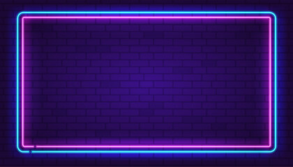 Rectangle neon frame Pink and Blue colors at purple brick wall background. Glowing neon frame in retro 80s - 90s style. Colored neon sign with empty space. Editable Vector - obrazy, fototapety, plakaty