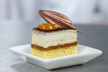 layer cake with mouse chocolate and chocolate leave out of focus with grain