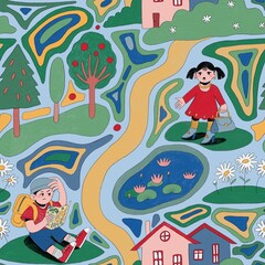 Hand-drawn map of the town for kids. Girl in red dress and boy with a map on the street. Raster seamless pattern in cartoon style.