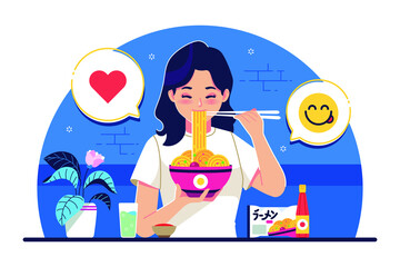 Sweet girl eats instant noodles vector illustration