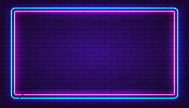 Rectangle neon frame Pink and Blue colors at purple brick wall background. Glowing neon frame in retro 80s - 90s style. Colored neon sign with empty space. Editable Vector