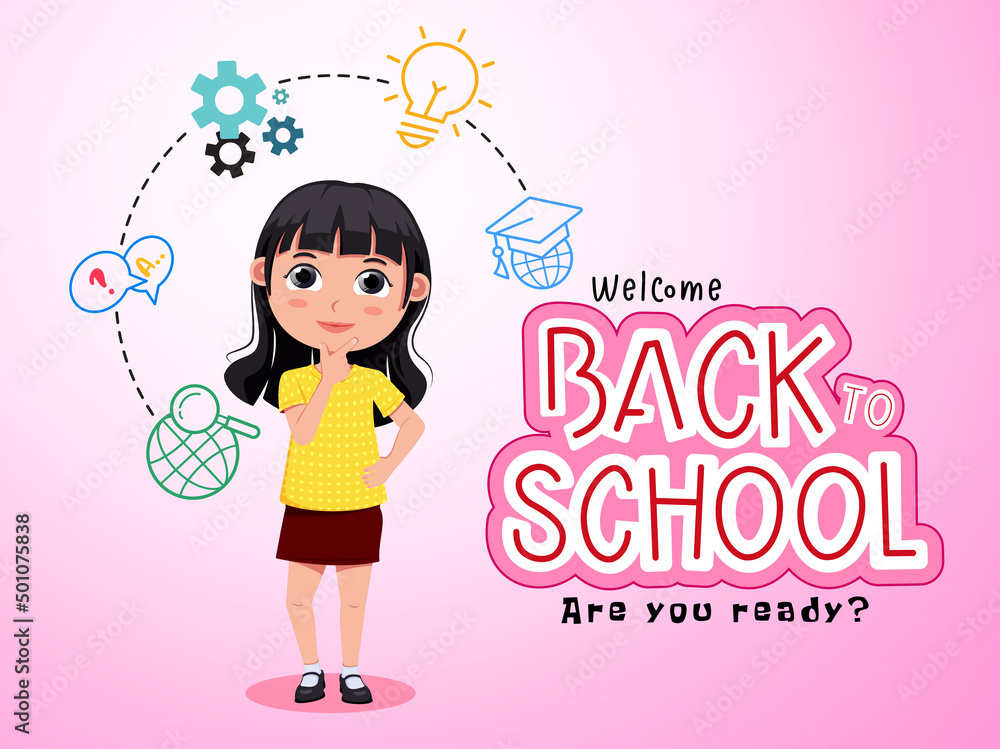 Aufkleber back to school character vector design. back to school text with 3d female standing and thinking stu
