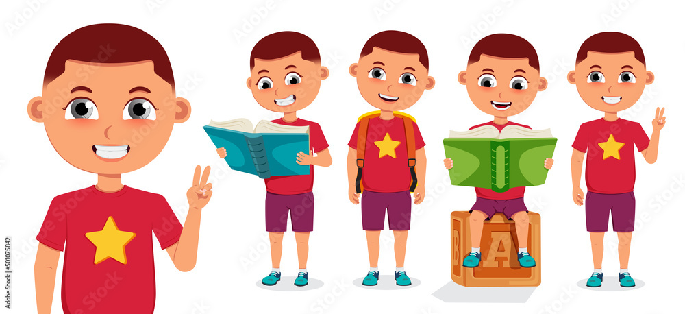 Poster student boy vector character set. school 3d male students in standing pose with sitting and reading 