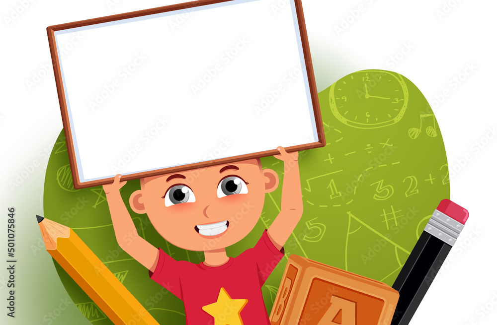 Aufkleber boy student character vector design. male kid student presenting, holding and showing whiteboard ele