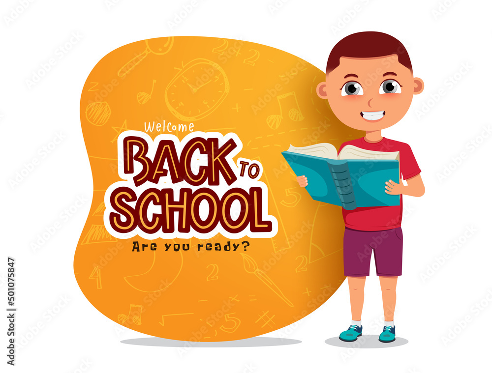 Aufkleber back to school character vector design. back to school text with male student holding book element i