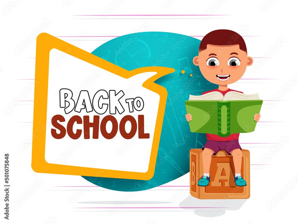 Aufkleber back to school vector concept design. back to school text with male kid reading and sitting with boo
