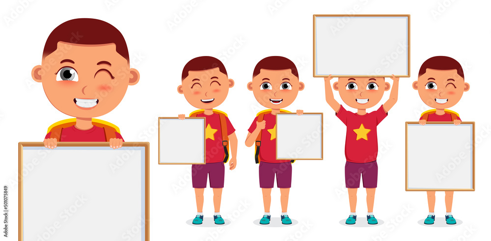 Aufkleber school boy presentation vector character set. student 3d male characters in smiling face holding and