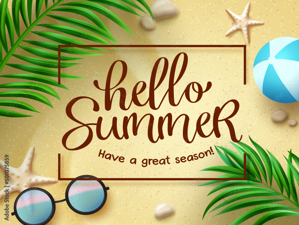 Aufkleber hello summer vector template design. hello summer greeting text in frame space with palm leaves, sun