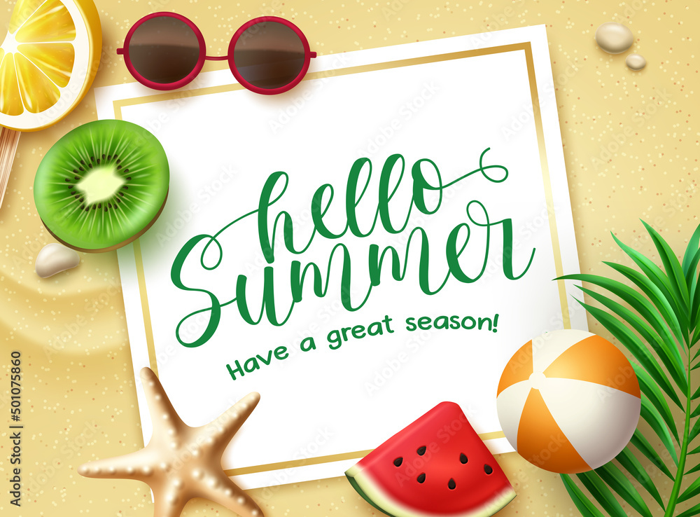 Aufkleber hello summer vector template design. hello summer greeting text in white board space with fruits in 