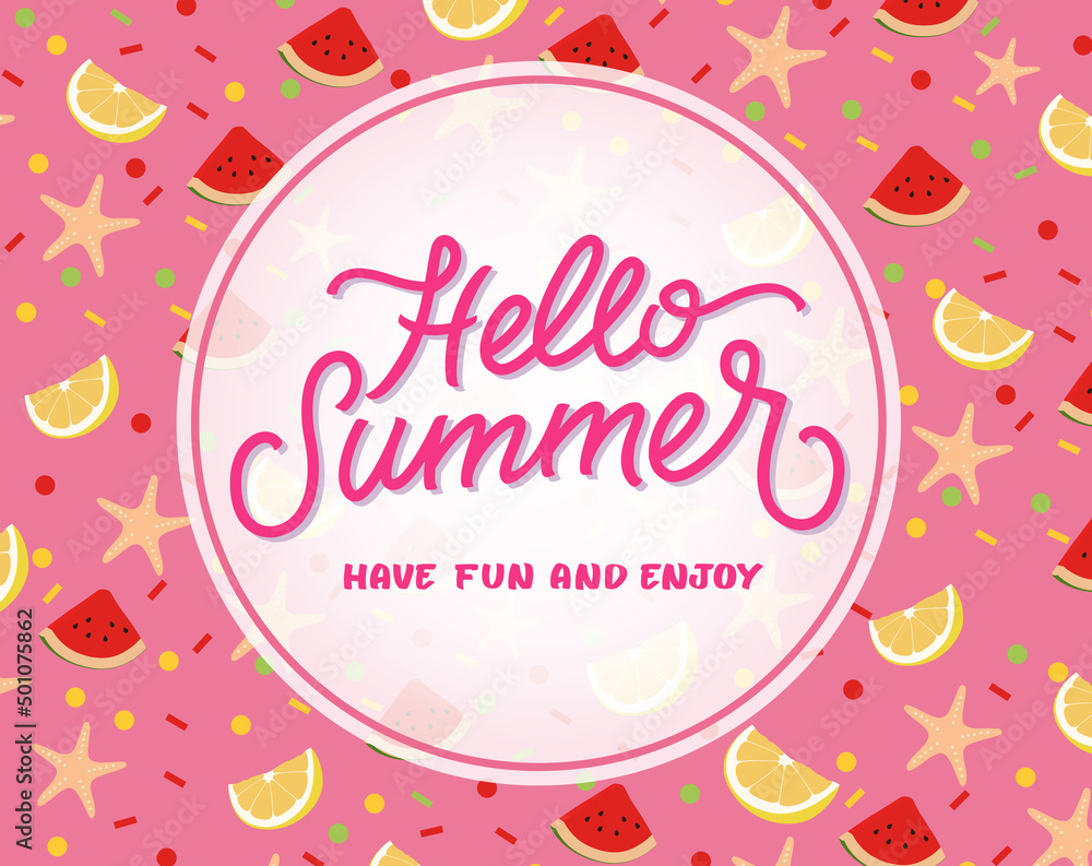 Poster hello summer vector template design. hello summer greeting text in white circle space with lemon, wa