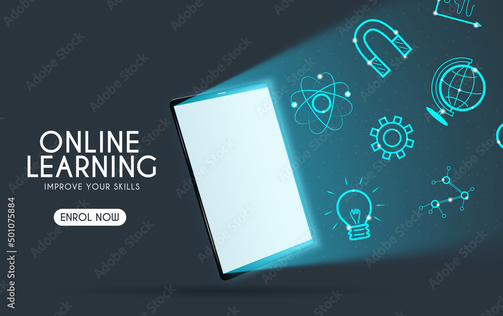 Poster online education learning vector design. online learning text with tablet phone and knowledge icons 