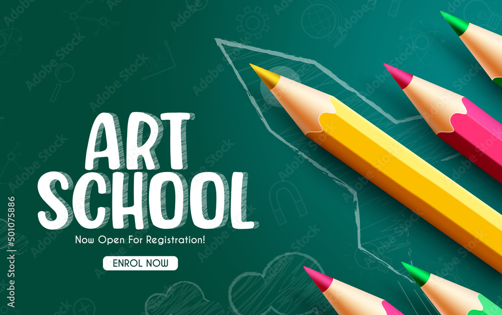 Poster school art online registration vector design. art school typography text in chalk board background w