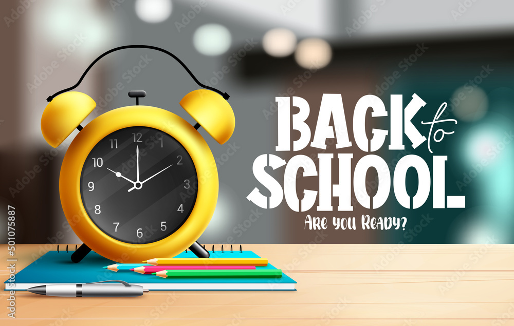 Aufkleber back to school vector design. back to school text with alarm clock and notebook elements in wooden d