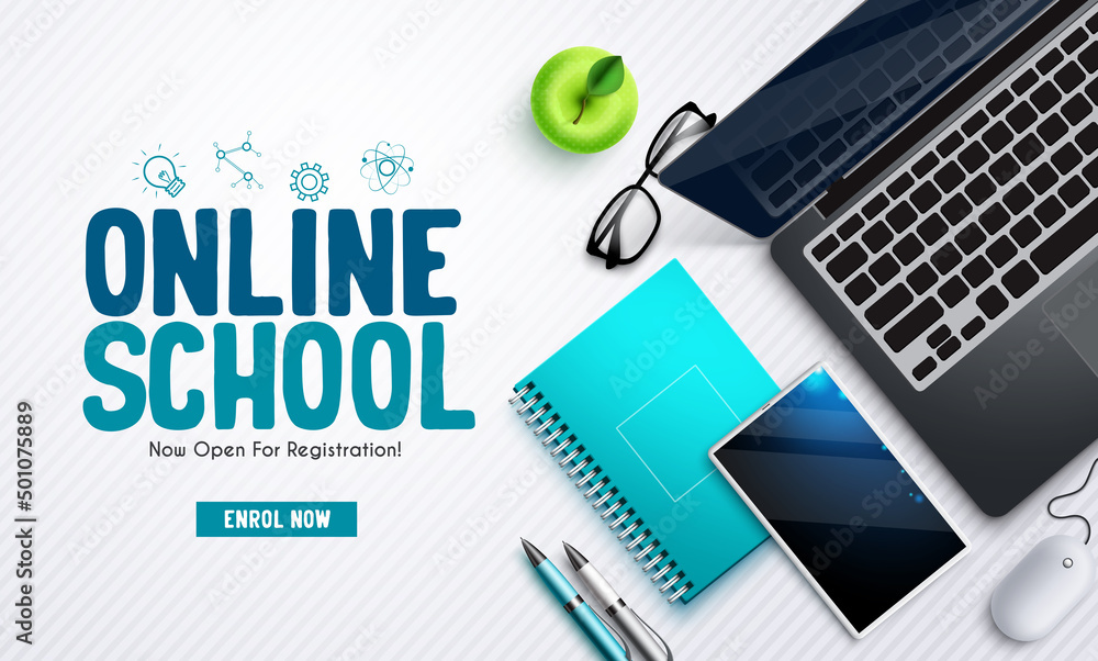 Poster e-learning vector background design. online school text with notebook, laptop and tablet device elem