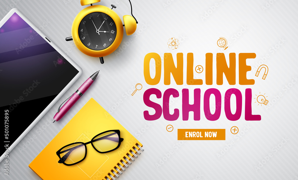 Poster e-learning vector background design. online school text with tablet device, notebook and alarm clock