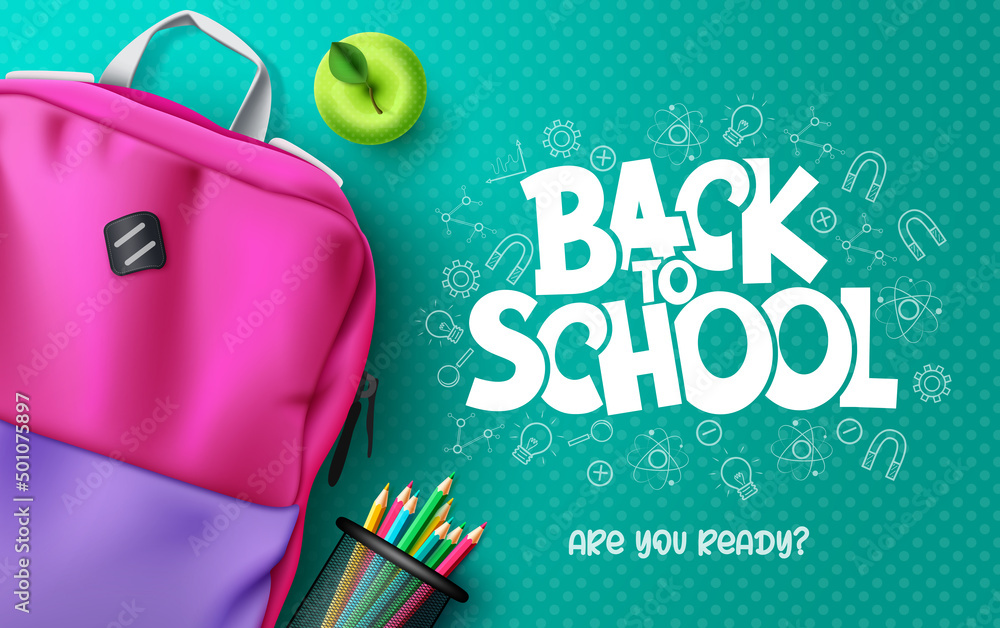 Aufkleber back to school vector background design. back to school text with backpack bag and color pencil elem