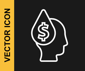 White line Oil drop with dollar symbol icon isolated on black background. Oil price. Oil and petroleum industry. Vector