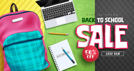 Educational sale vector banner design. Back to school sale text with backpack bag and laptop elements for special offer education shopping promotion advertisement. Vector illustration.
