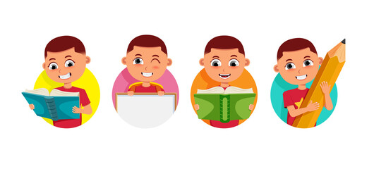Boy student vector character set. 3d male students holding book, whiteboard and pencil in jolly and happy facial expression for back to school friendly characters design. Vector illustration.
