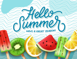 Hello summer vector background design. Hello summer greeting text with fruits and popsicles element in waves pattern and abstract for great tropical holiday season. Vector illustration.
