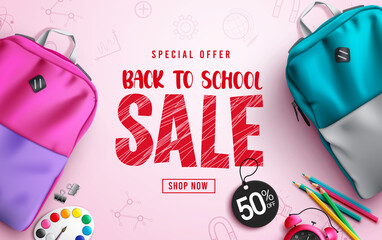 Back to school sale vector banner design. Back to school sale text in special offer discount with backpack bags element for education supplies promotion advertisement. Vector illustration.
